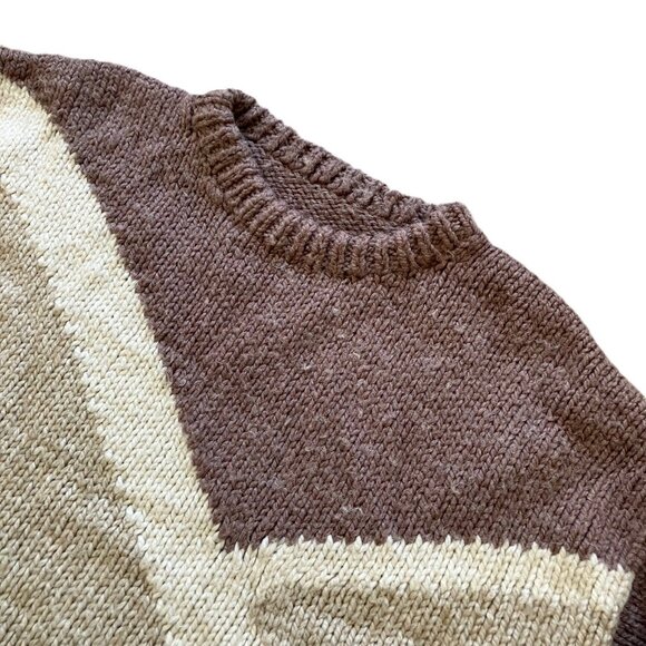Hand Knit Colorblock Pullover Sweater Oversized Brown/Beige Women's Large - Picture 3 of 5